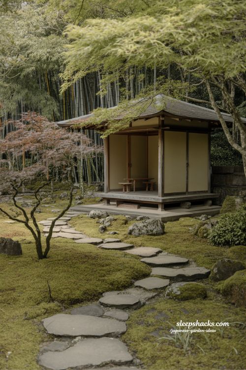 Japanese tea house pavilion at end of winding garden path with maple tree and tranquil zen landscape