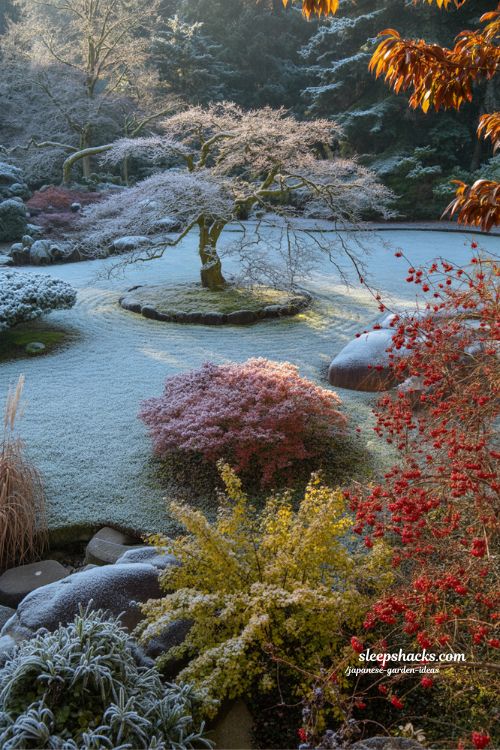 Japanese winter garden with frosted maple branches red berries ornamental grasses and sculptural seasonal structure