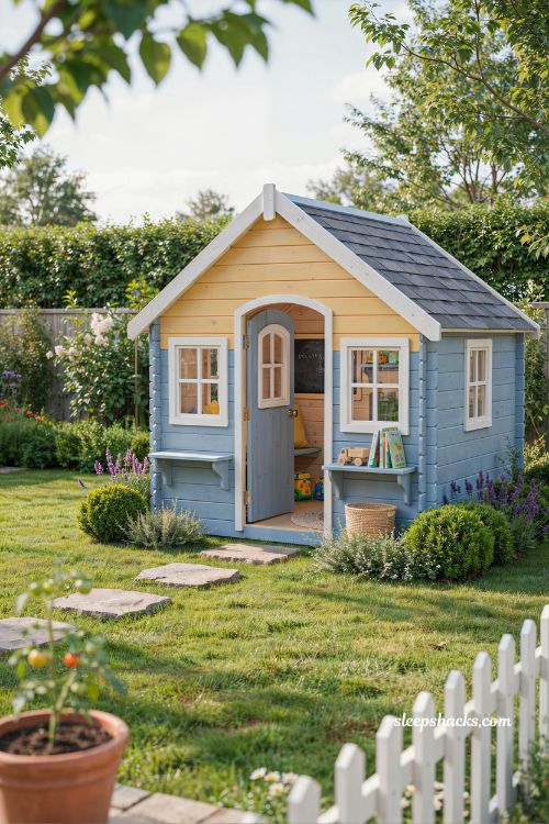 Kids playhouse shed with safe backyard design and imaginative outdoor play space