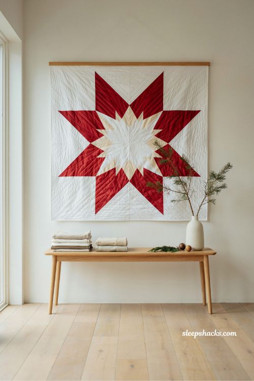 Knitted star Christmas quilt pattern in bold red and white modern farmhouse style