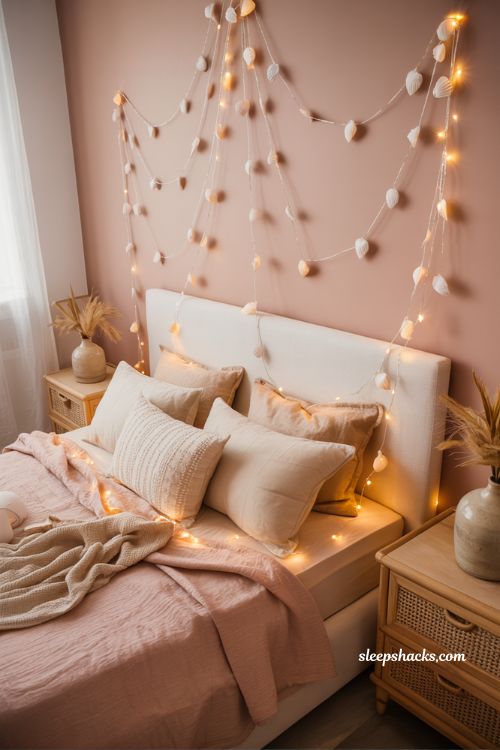 LED seashell string lights in a pink coastal bedroom with soft romantic beach glow decor