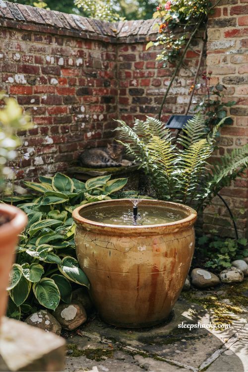 Large planter water feature diy with solar pump for quiet backyard bubbling fountain