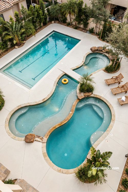 Lazy river connecting two pool zones lap pool and spa backyard resort design ideas