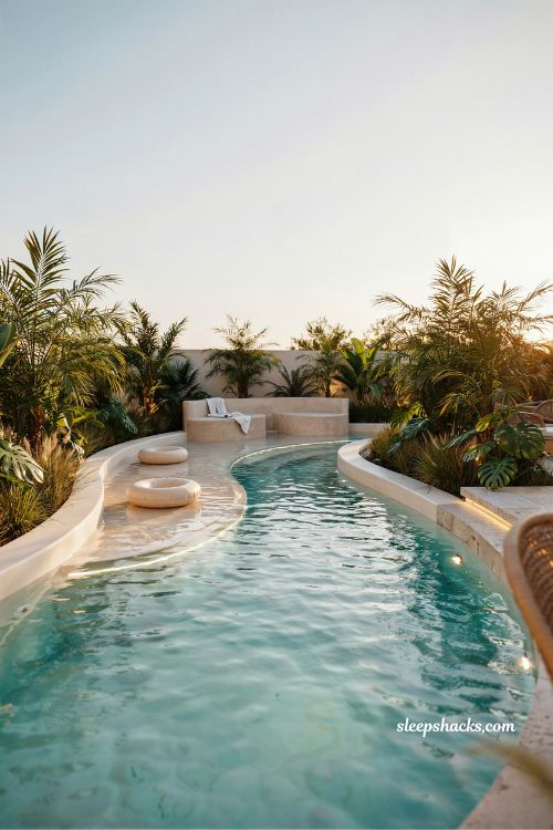 Lazy river pool with tanning shelf and lounge spots resort backyard design ideas