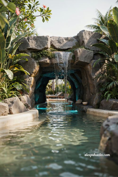 Lazy river with grotto cave and waterfall entrance luxury backyard resort pool design ideas