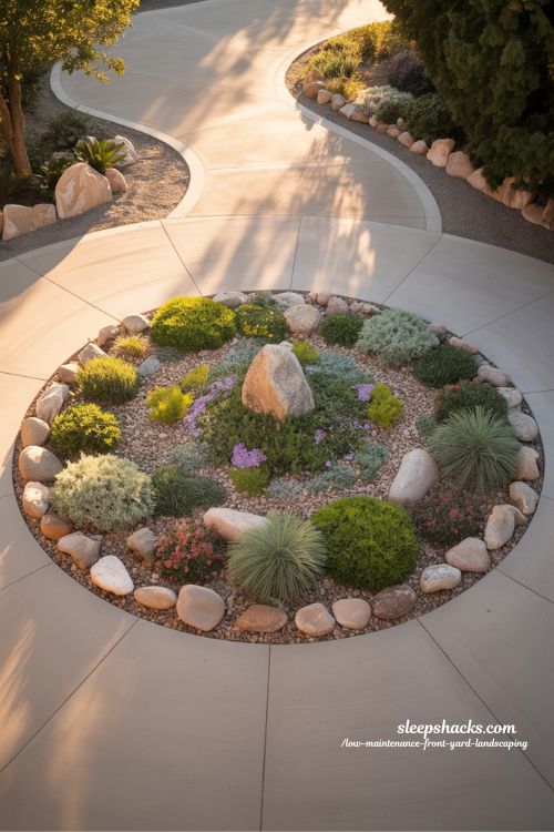 Low maintenance driveway center island with drought tolerant plants rock mulch and river stone border**