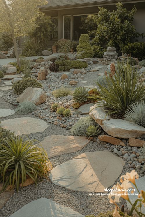 Low maintenance front yard rock garden with succulents ornamental grasses and decorative stone landscaping