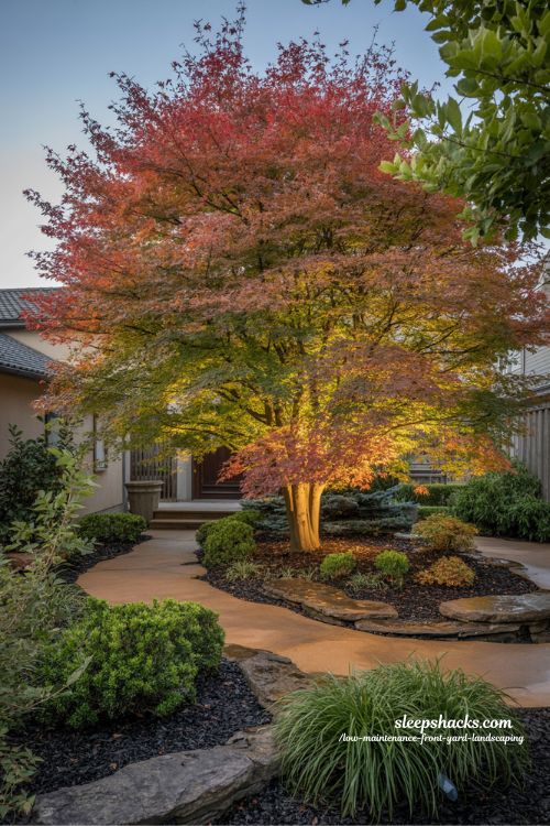 Low maintenance front yard with Japanese maple showcasing brilliant fall color and year round beauty**