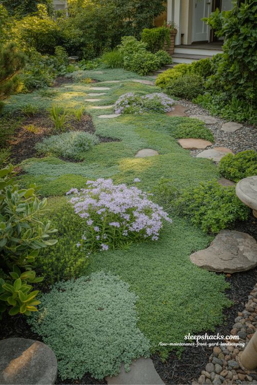 Low maintenance front yard with clover sedum and creeping phlox ground cover instead of grass**