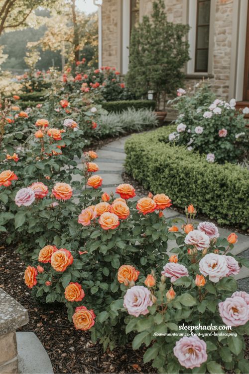 Low maintenance front yard with colorful shrub roses blooming along walkway and foundation beds**