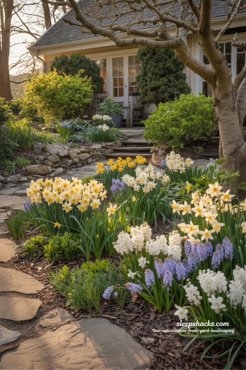 Low maintenance front yard with daffodils hyacinths and muscari returning every spring