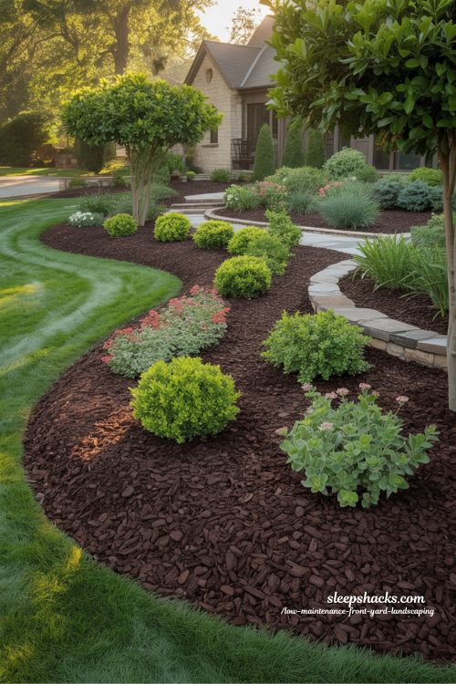 Low maintenance front yard with dark mink mulch highlighting plants turf and curb appeal