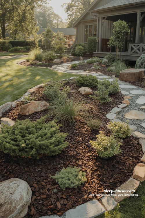 Low maintenance front yard with dark mulch beds replacing grass for easy curb appeal