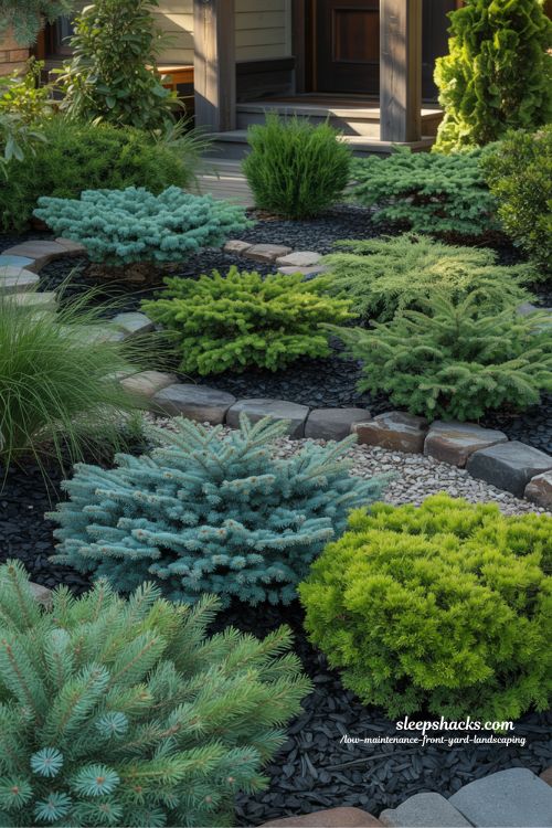 Low maintenance front yard with dwarf evergreen shrubs for year round color and structure