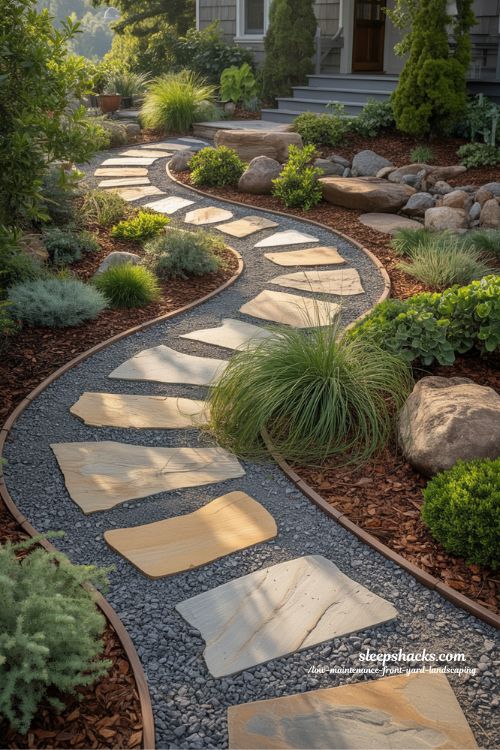 Low maintenance front yard with flagstone and crushed gravel pathway through landscaped garden beds**