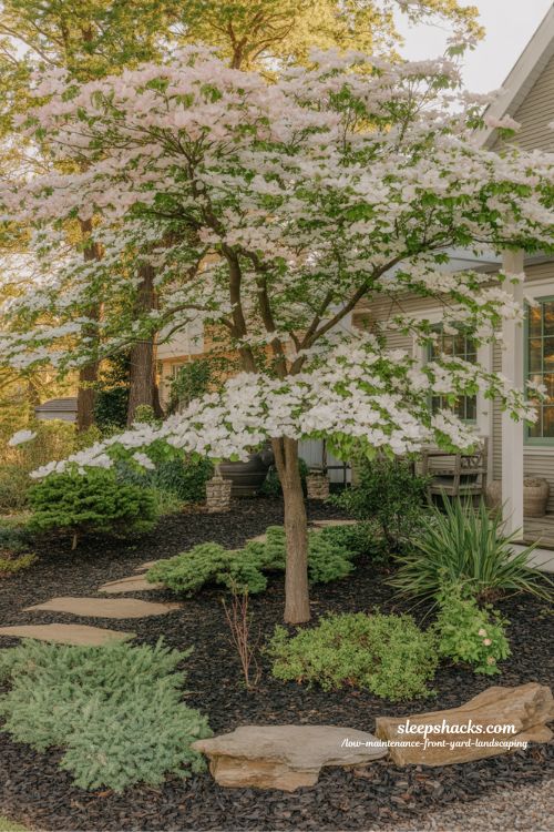 Low maintenance front yard with flowering dogwood tree and layered curb appeal landscaping
