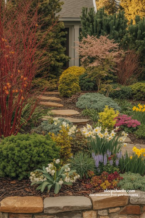 Low maintenance front yard with four season landscaping for year round curb appeal and color