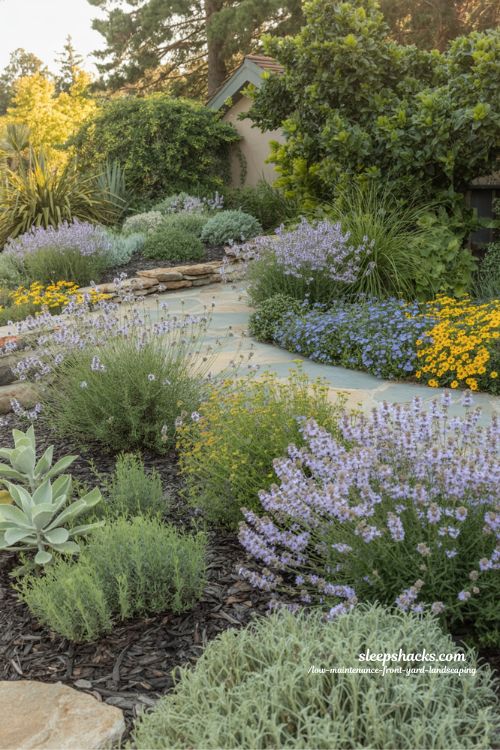 Low maintenance front yard with lavender Russian sage and drought tolerant perennial flowers