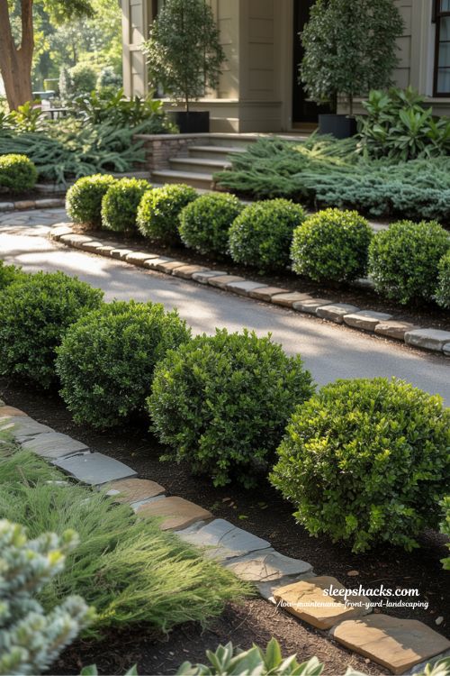 Low maintenance front yard with mass planted boxwood shrubs lining driveway and front entrance