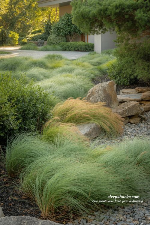 Low maintenance front yard with ornamental grasses adding texture movement and year round curb appeal