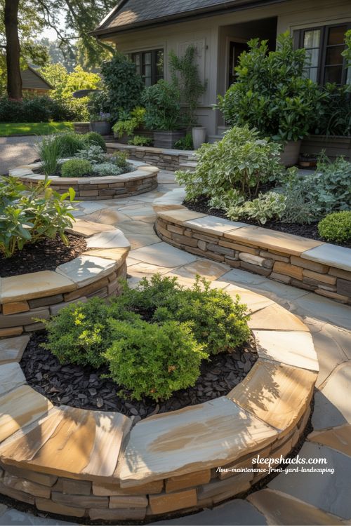 Low maintenance front yard with raised garden beds and natural stone edging for timeless curb appeal