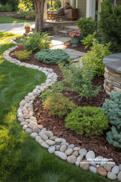 Low maintenance front yard with river rock edging around dark mulch flower beds and shrubs**