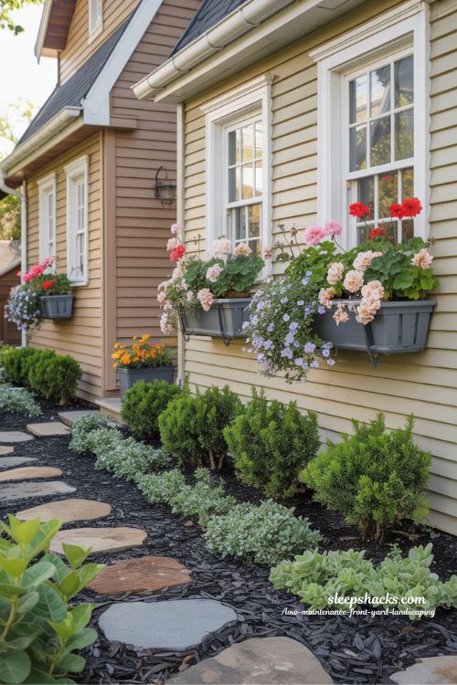 Low maintenance front yard with self watering window boxes and seasonal flowers on a charming home exterior