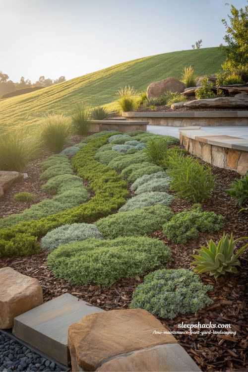 Low maintenance sloped front yard with spreading plants mulch and raised garden beds for erosion control