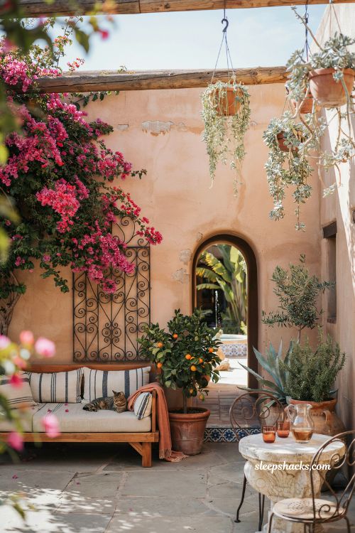Mexican hacienda patio ideas with layered greenery citrus tree and bougainvillea courtyard garden