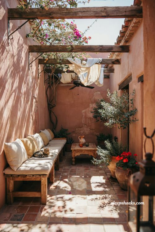 Mexican hacienda patio ideas with shaded pergola vines and rustic outdoor seating