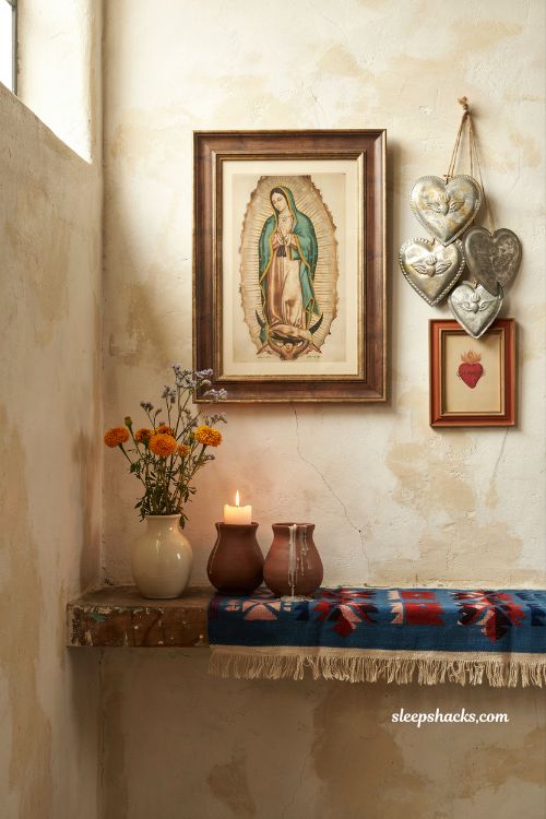 Mexican home decor ideas guadalupe and milagro wall art folk devotional altar hallway rustic sacred heart decor styling