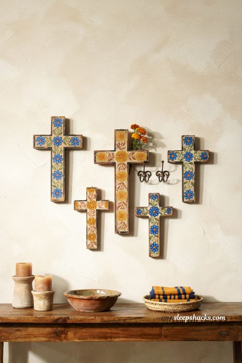 Mexican home decor ideas hand painted wooden crosses folk art entryway wall decor rustic cultural gallery styling