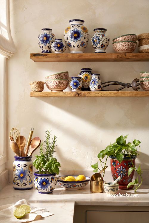 Mexican home decor ideas talavera pottery and planters colorful kitchen shelf decor rustic handcrafted ceramic styling