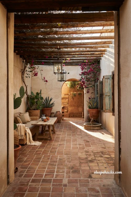 Mexican patio blueprint with terracotta tiles stucco walls and rustic hacienda decor