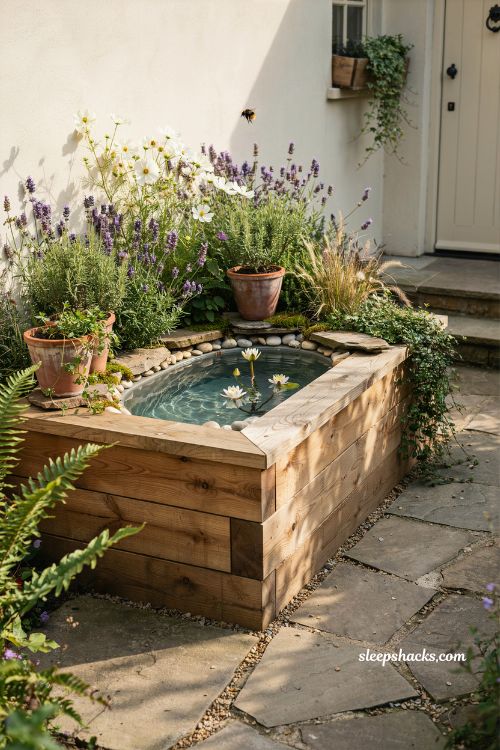 Mini pond ideas in a raised garden bed with lavender and herbs 