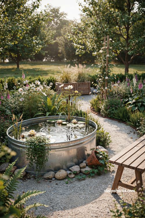 Mini pond ideas with a galvanized stock tank water garden 