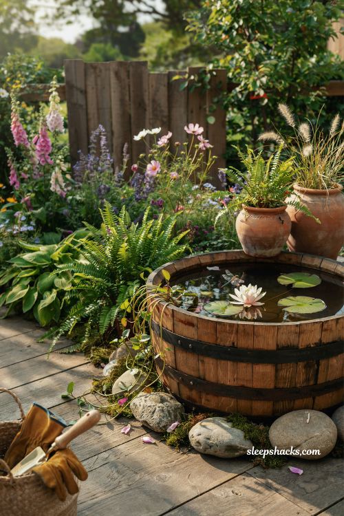 Mini pond ideas with a rustic whiskey barrel container water garden 