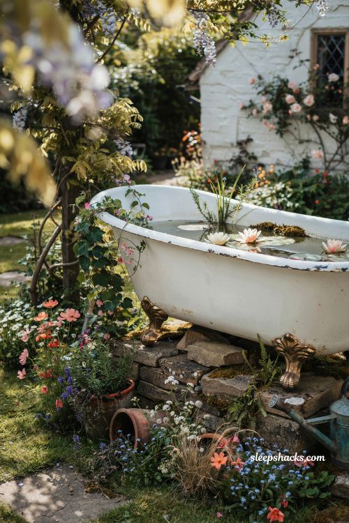 Mini wildlife pond in a planter with native plants and natural garden charm