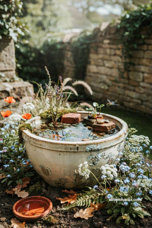 Mini wildlife pond in a planter with native plants and natural garden charm