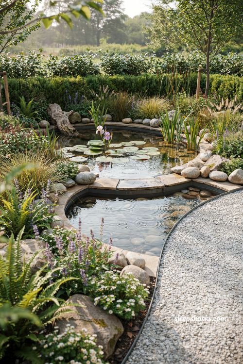Miniature tiered pond idea with two levels and natural aquatic planting design