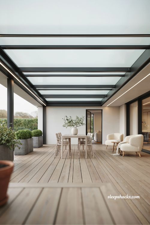 Modern deck with polycarbonate roof panels for natural light and rain protection