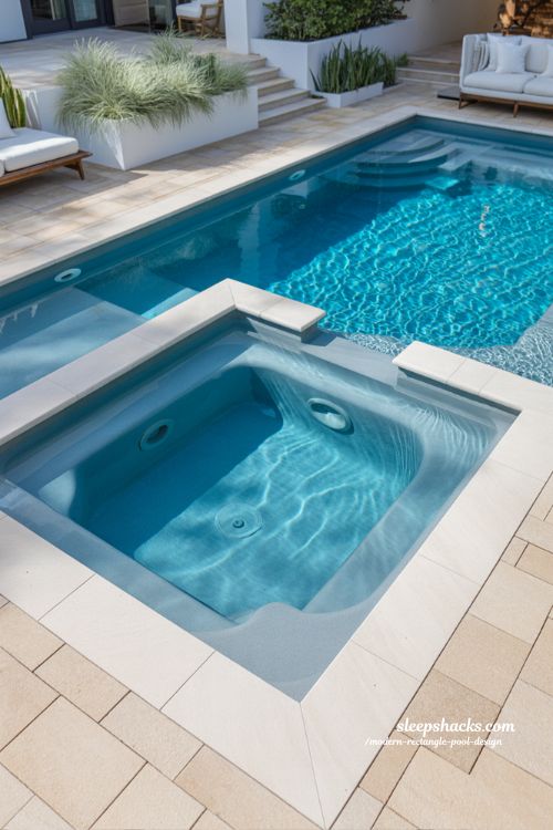Modern fiberglass rectangle pool with tropical blue water and low maintenance backyard design ideas