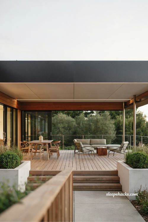 Modern flat roof deck cover with clean lines and recessed lighting design