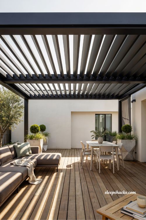 Modern pergola with motorized louvered roof system for smart outdoor living
