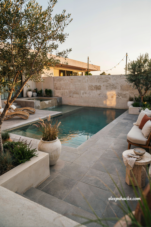 Modern pool design ideas with spa sun shelf and luxury backyard layout