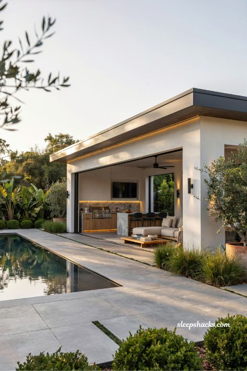 Modern pool water jets with arching streams and night lighting design