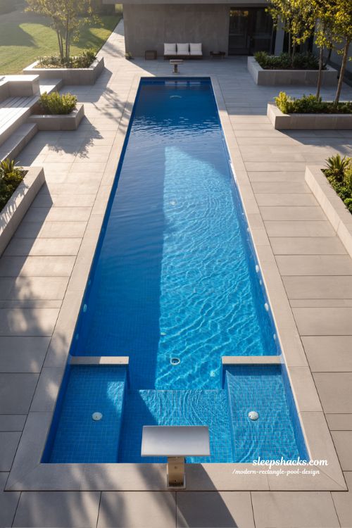 Modern rectangle lap pool design for fitness focused backyard with long swim lane ideas