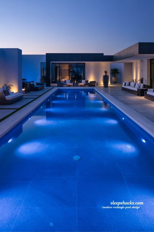 Modern rectangle pool with LED ColorLogic lighting and dramatic nighttime backyard design ideas