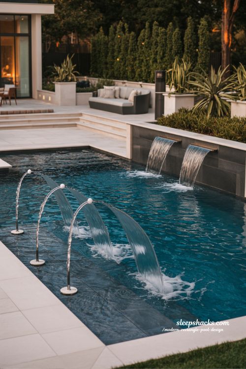Modern rectangle pool with deck jets and LED waterfall water feature design ideas