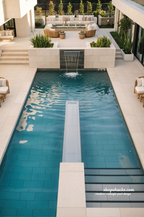 Modern rectangle pool with full length side bench and waterfall seating area design ideas